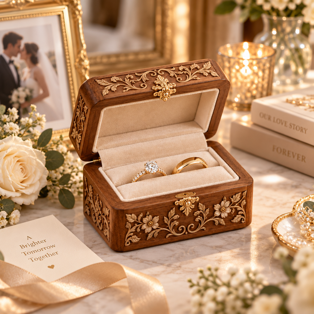Engraved Wood Ring Box with Velvet Interior — view 4